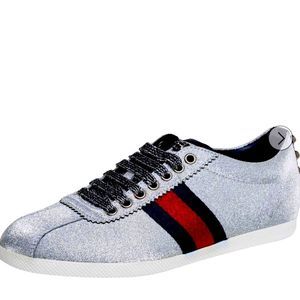 Authentic Gucci Silver Glitter Bambi Web Low-Top Sneakers Size 37